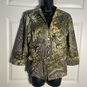 Foxy Huntress Jacket Women S Green Camo Button Front Vented Tailored Lightweight